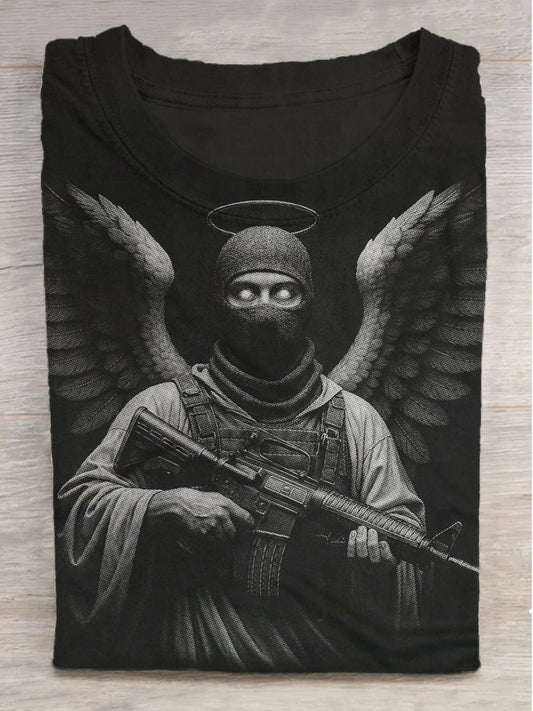 Angel Gun Printed Round Neck Short Sleeve T-Shirt