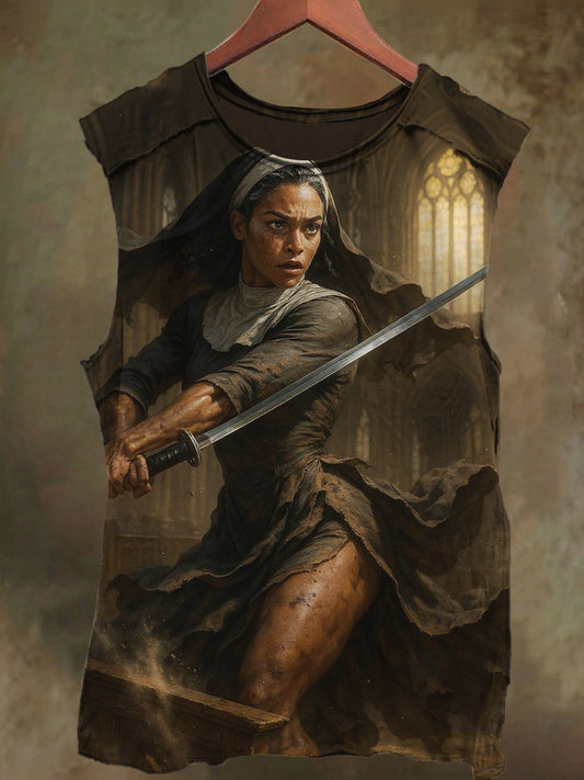 Unisex Nun's Sword Print Casual Cotton Tank Top