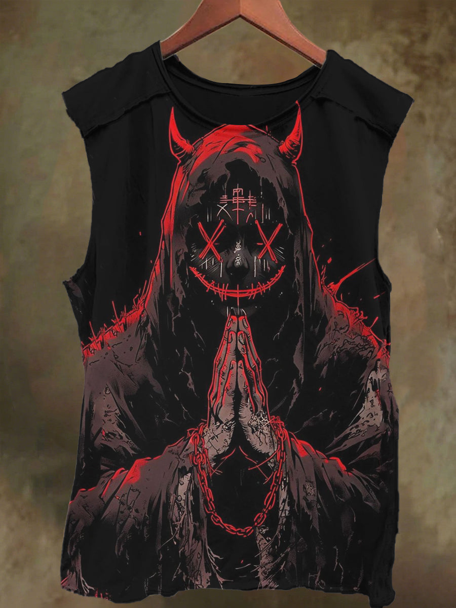 Unisex Prayer Smiley Devil Print Casual Cotton Tank Top