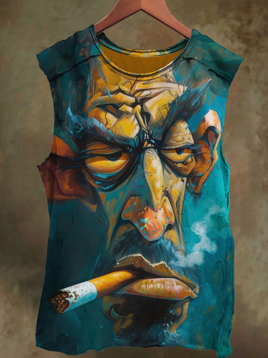 Unisex Smoking Old Man Graffiti Print Casual Cotton Tank Top