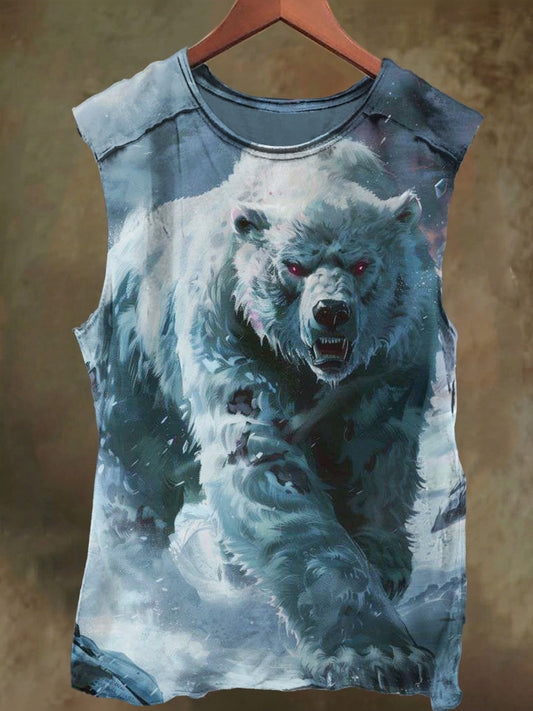Unisex Dark White Bear Print Casual Cotton Tank Top