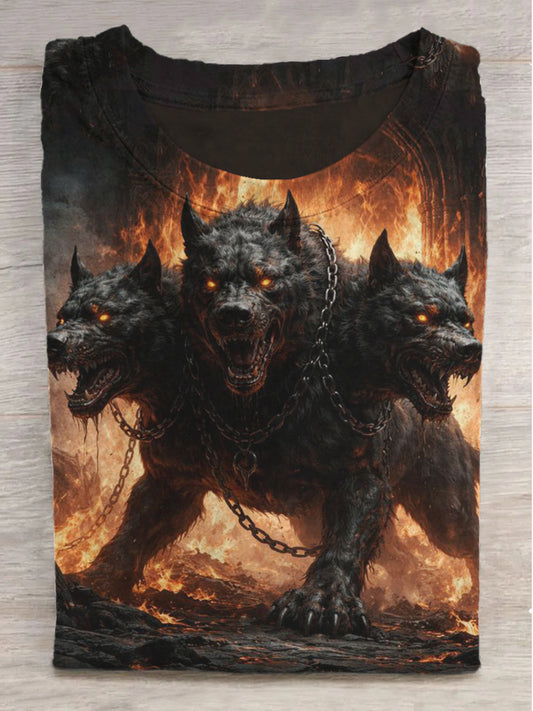 Hades Three Headed Dog Print Round Neck Short Sleeve T-Shirt