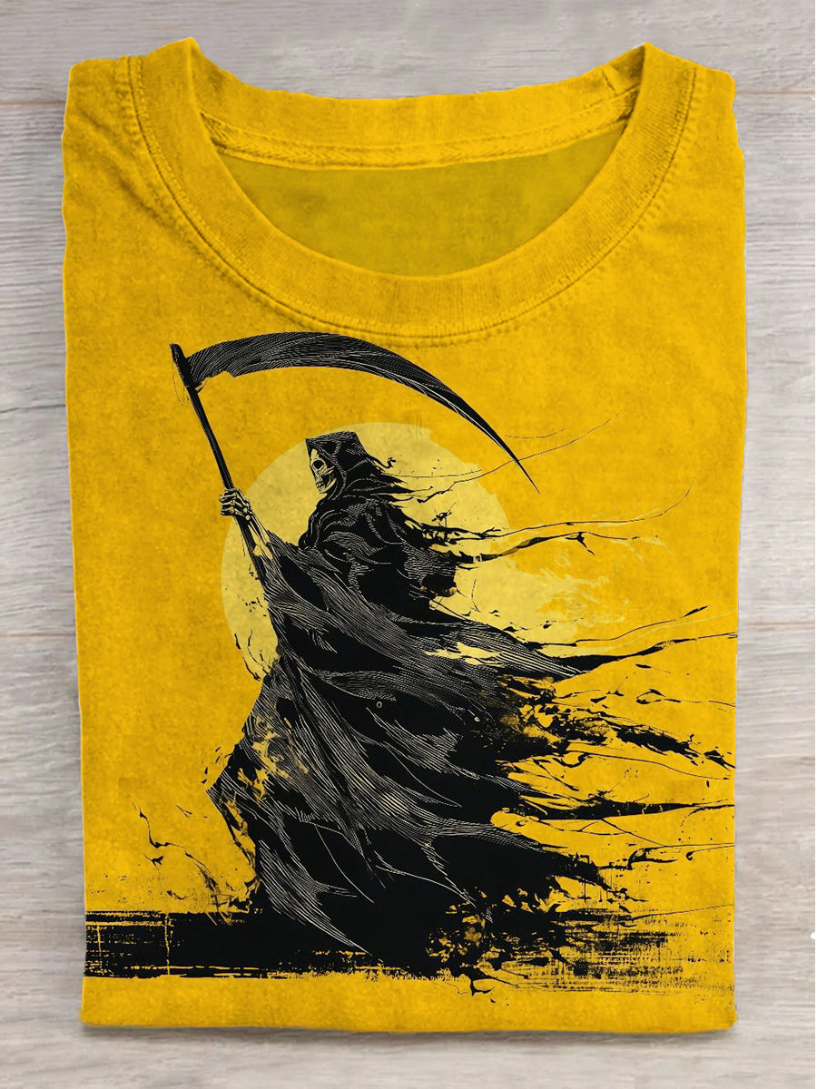 Sunny Sickle Skull Print Round Neck Short Sleeve T-Shirt
