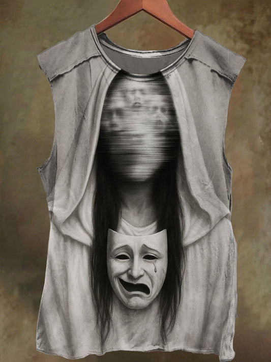 Unisex Dark Faceless Girl Print Casual Cotton Tank Top