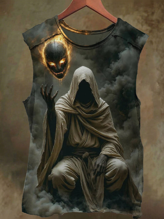 Unisex White Mask Printed Casual Cotton Tank Top