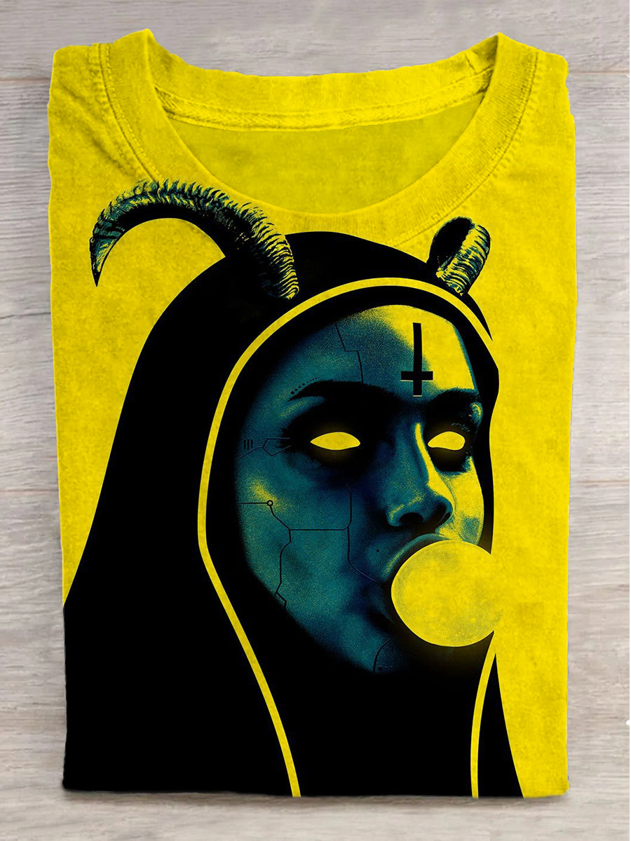 Cross Devil Print Round Neck Short Sleeve T-Shirt