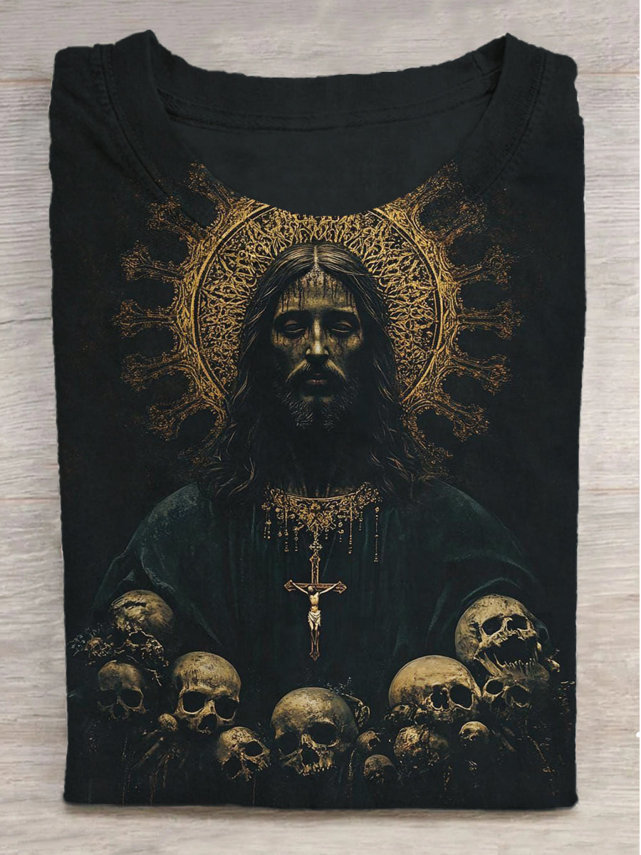 Dark Jesus Skull Print Round Neck Short Sleeve T-Shirt