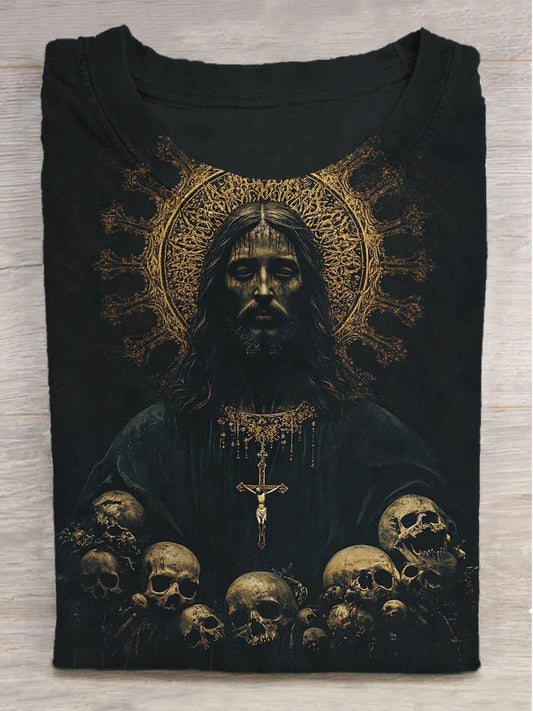 Dark Jesus Skull Print Round Neck Short Sleeve T-Shirt