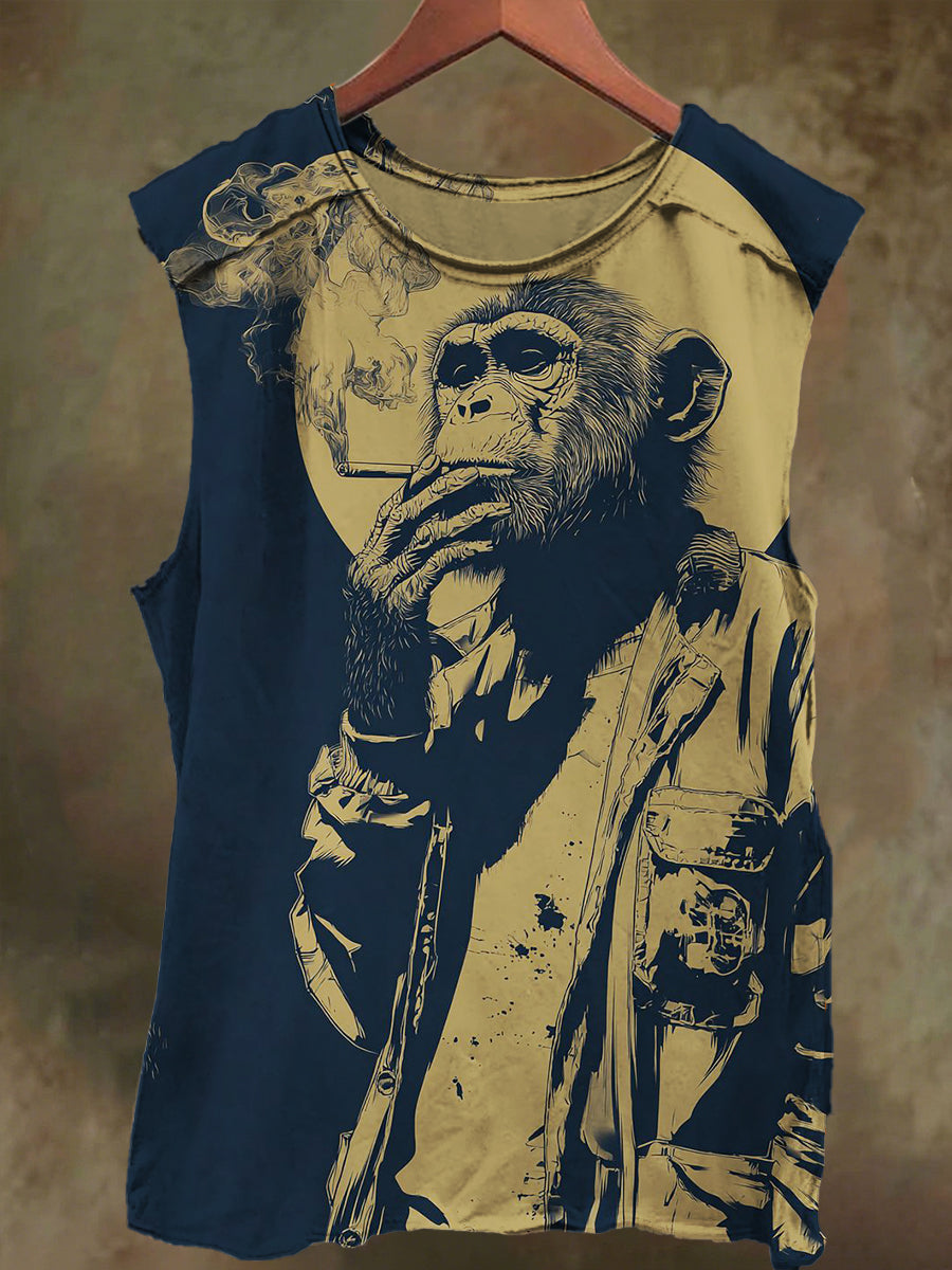 Unisex Gorilla Smoking Print Casual Cotton Tank Top