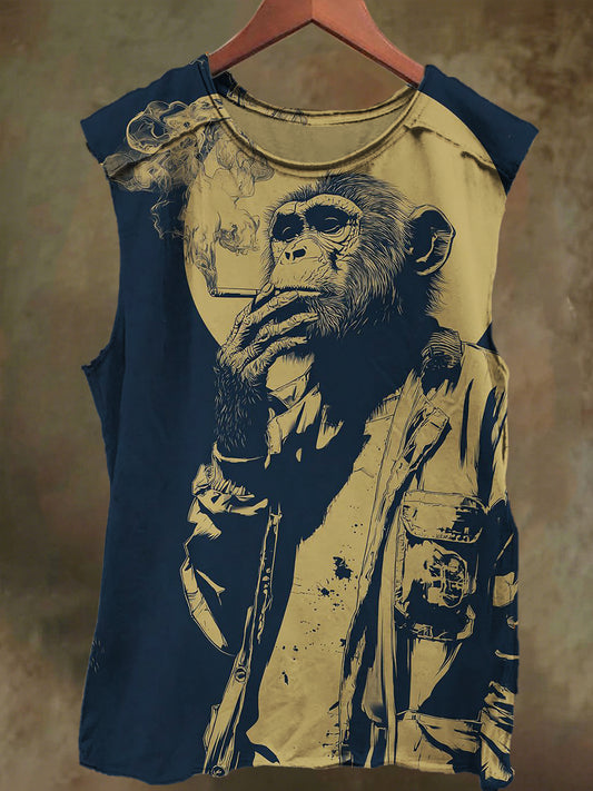 Unisex Gorilla Smoking Print Casual Cotton Tank Top