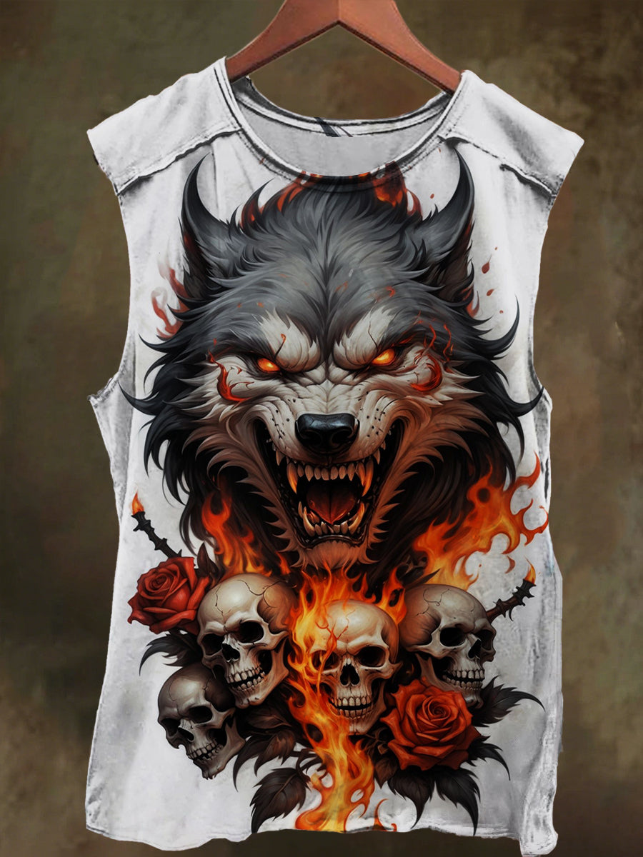 Unisex Coyote Flame Skull Print Casual Cotton Tank Top