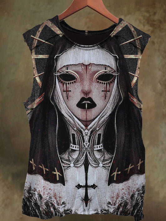 Unisex Cross Gothic Nun Print Casual Cotton Tank Top