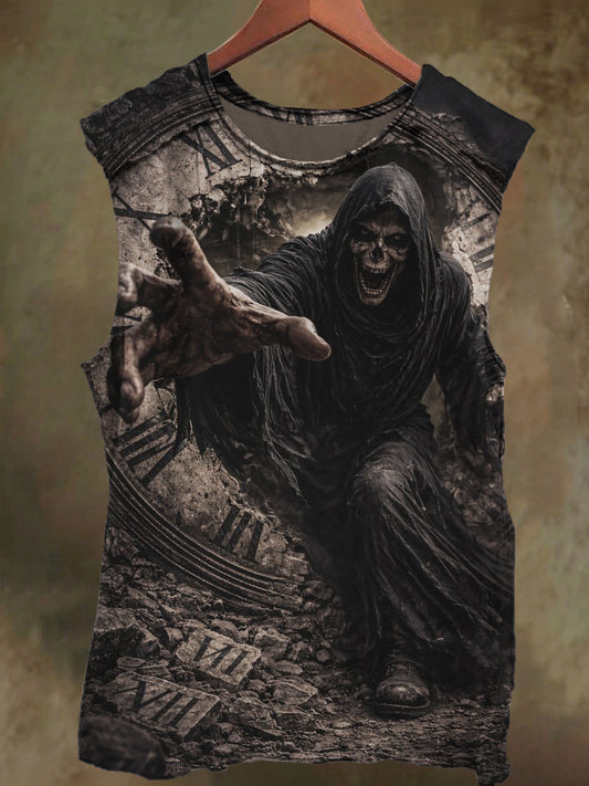 Unisex Wall in Clock Skull Print Casual Cotton Tank Top