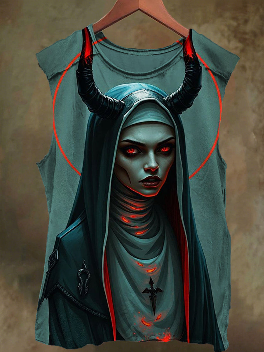 Unisex Devil's Cross Nun Print Casual Cotton Tank Top