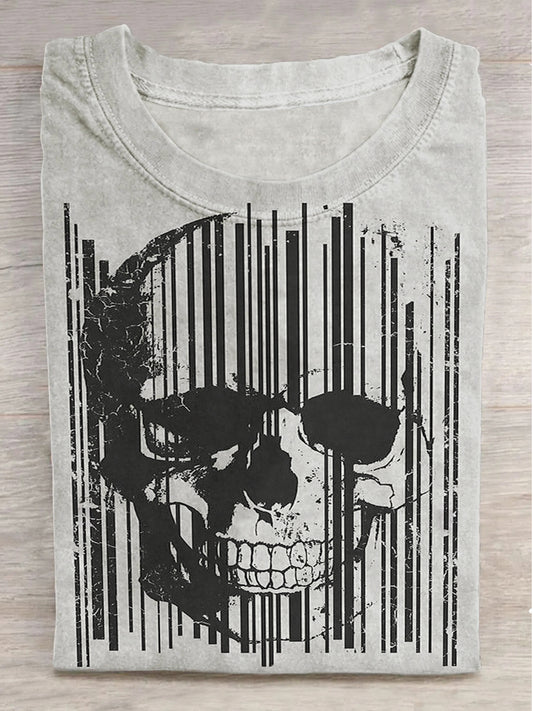 Striped Skull Print Round Neck Short Sleeve T-Shirt