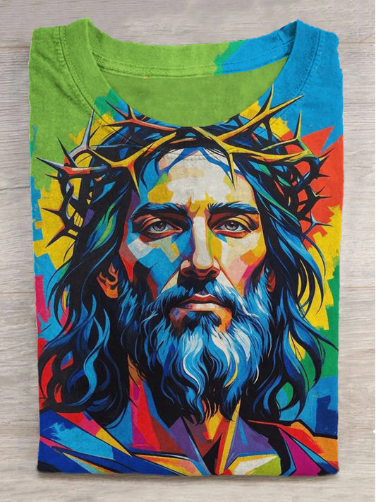 Colorful Oil Painting Jesus Print Round Neck Short Sleeve T-Shirt