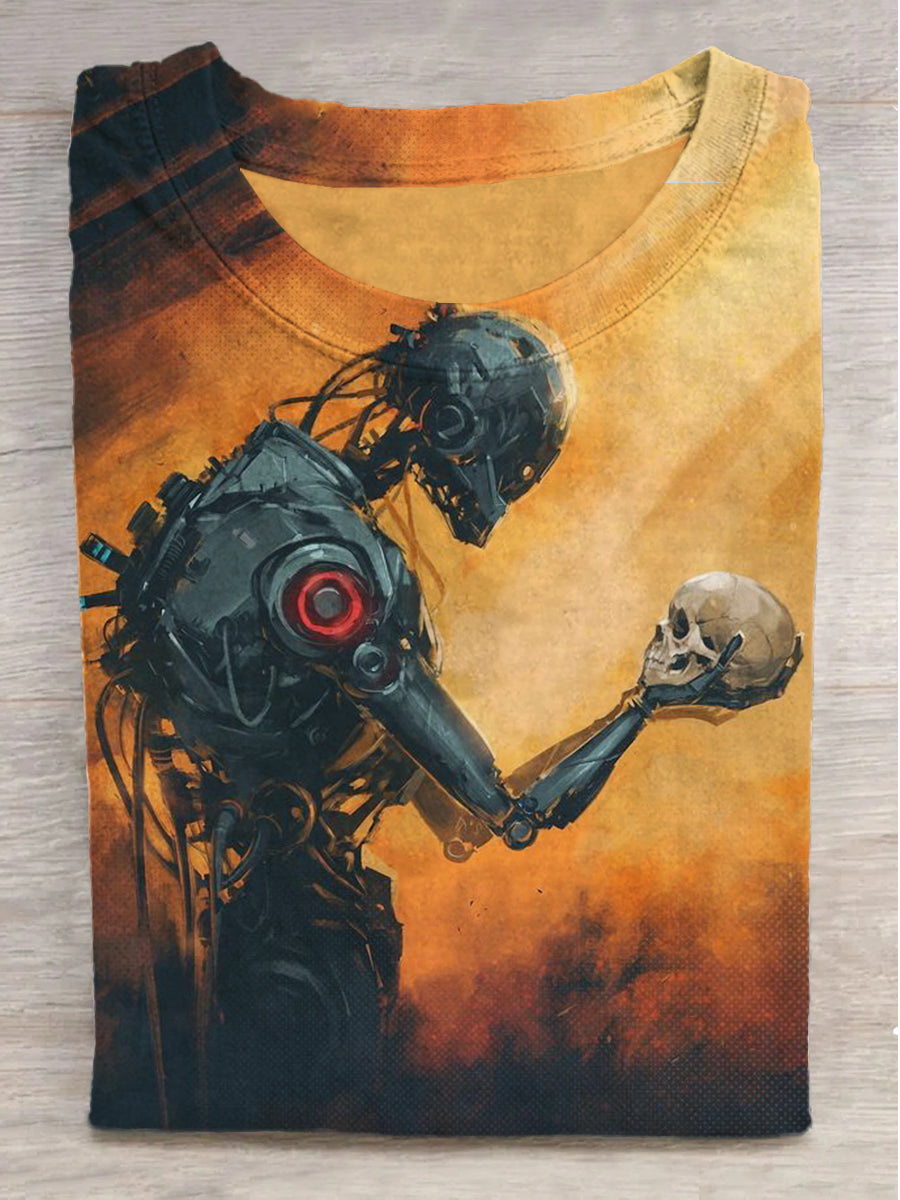 Robot Skull Print Round Neck Short Sleeve T-Shirt