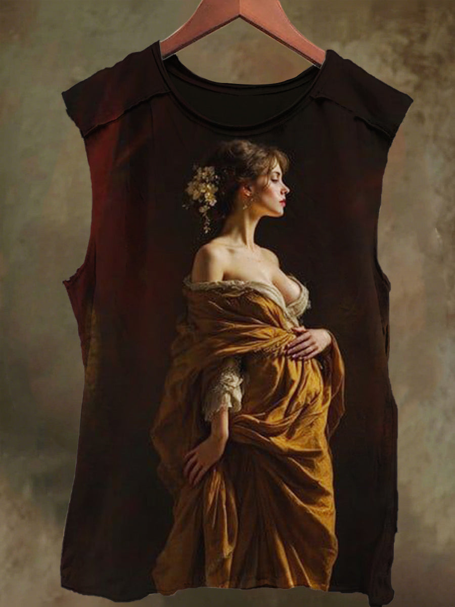 Unisex Oil Painting Art Girl Print Casual Cotton Tank Top