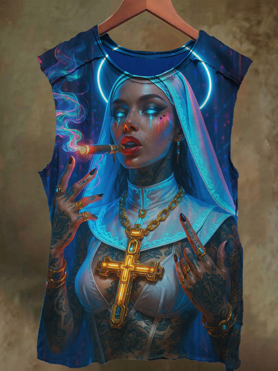 Unisex Rock Gothic Crucifix Nun Print Casual Cotton Tank Top