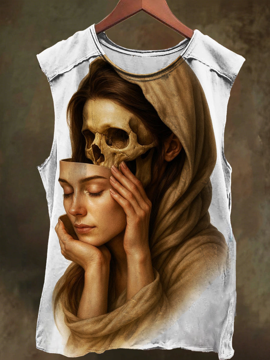 Unisex Dark Girl Mask Print Casual Cotton Tank Top