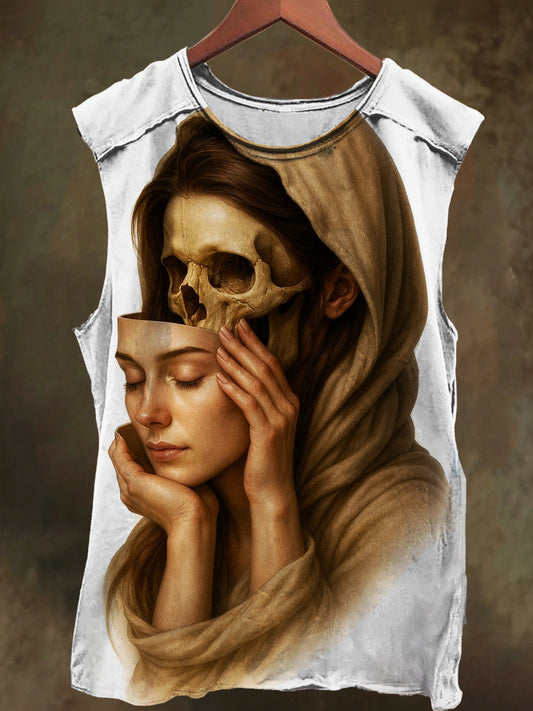 Unisex Dark Girl Mask Print Casual Cotton Tank Top