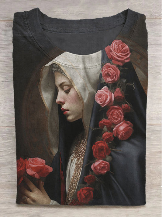 Rose Virgin Print Round Neck Short Sleeve T-Shirt