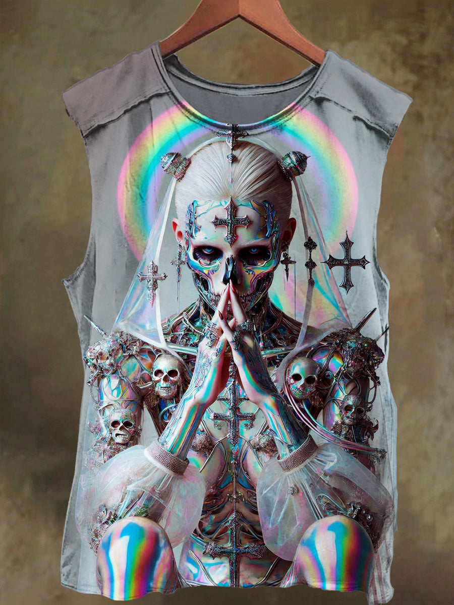 Unisex sci-fi silver-light skull print casual cotton tank top