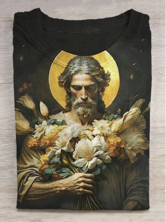 Jesus and Flower Print Round Neck Short Sleeve T-Shirt