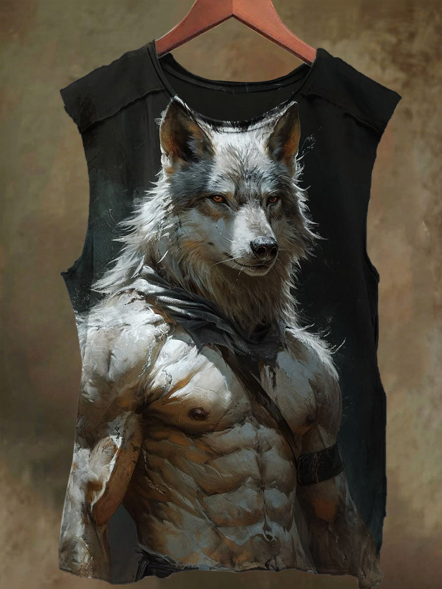 Unisex Wolf Muscle Teen Print Casual Cotton Tank Top