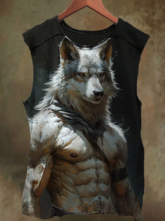 Unisex Wolf Muscle Teen Print Casual Cotton Tank Top