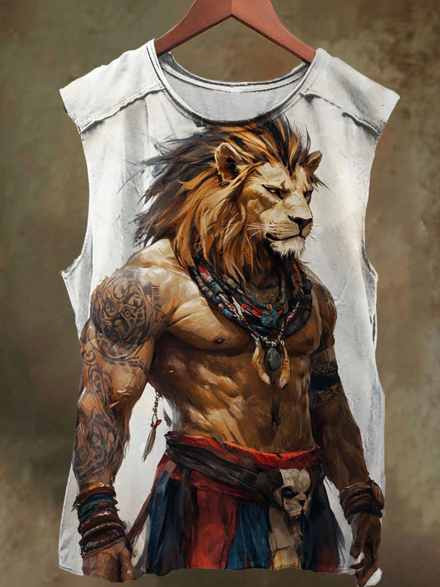 Unisex Lion Warrior Print Casual Cotton Tank Top