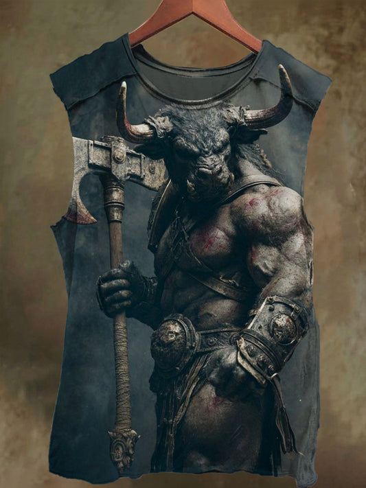 Unisex Axe Bull Warrior Print Casual Cotton Tank Top