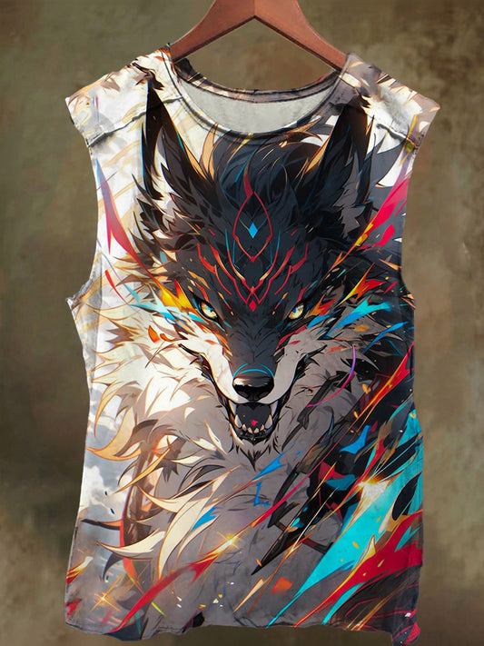 Unisex Fantasy Wolf Graffiti Print Casual Cotton Tank Top