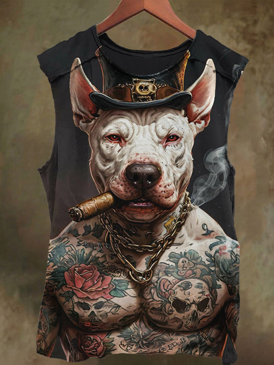 Unisex Tattoo Smoking Dog Print Casual Cotton Tank Top