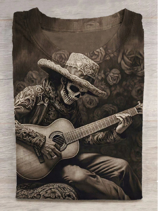 Cowboy Rock Skull Print Round Neck Short Sleeve T-Shirt