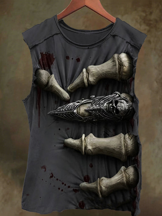 Unisex Visual Illusion Skull Hand Print Casual Cotton Tank Top