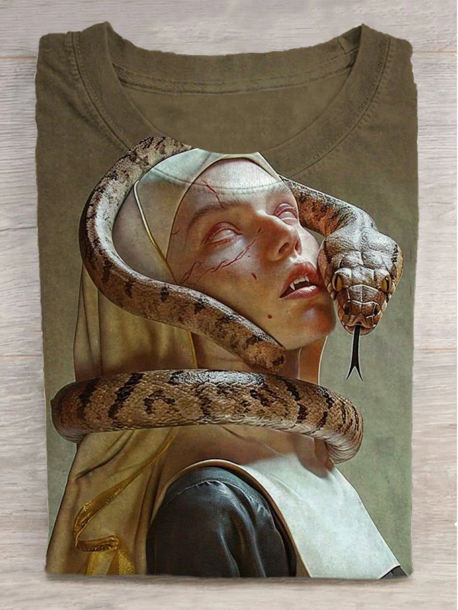 Sister and the Snake Print Round Neck Short Sleeve T-Shirt