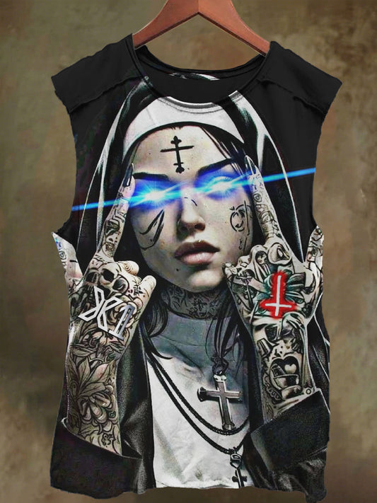 Unisex Gothic Crucifix Nun Print Casual Cotton Tank Top