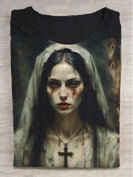 Cross Dark Girl Print Round Neck Short Sleeve T-Shirt