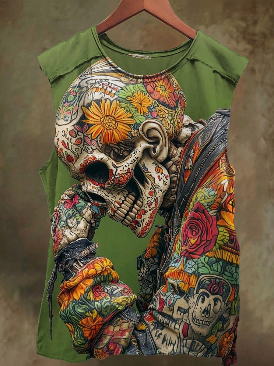 Unisex Ethnic Skull Print Casual Cotton Tank Top