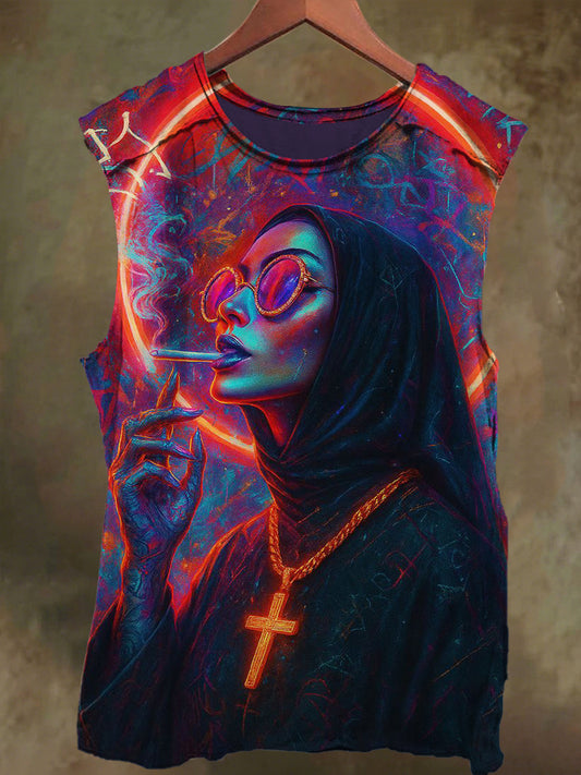 Unisex Gothic Smoking Nun Print Casual Cotton Tank Top