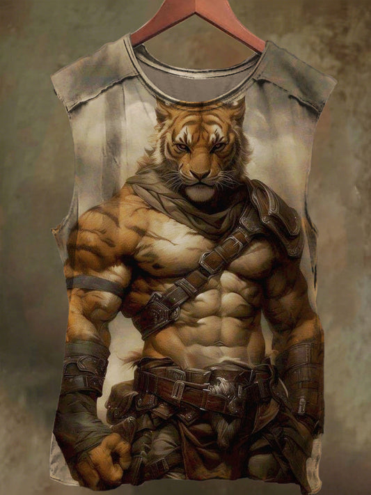 Unisex Tiger Warrior Print Casual Cotton Tank Top