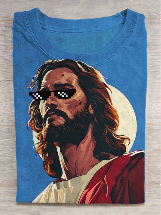 Sunglasses Jesus Print Round Neck Short Sleeve T-Shirt