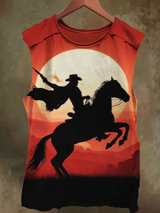 Unisex Sunset Cowboy Pistol Print Casual Cotton Tank Top