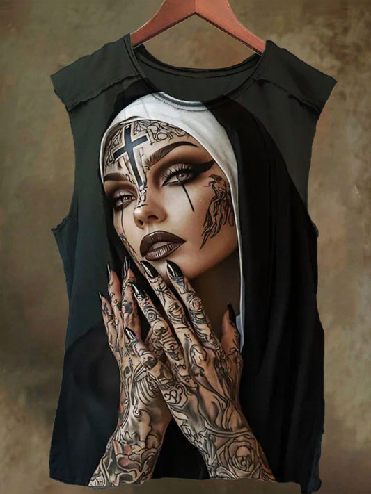 Unisex Tattoo Cross Nun Print Casual Cotton Tank Top
