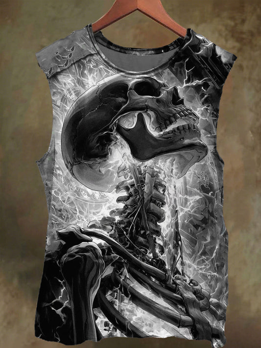 Unisex Silver Thunder Skull Print Casual Cotton Tank Top