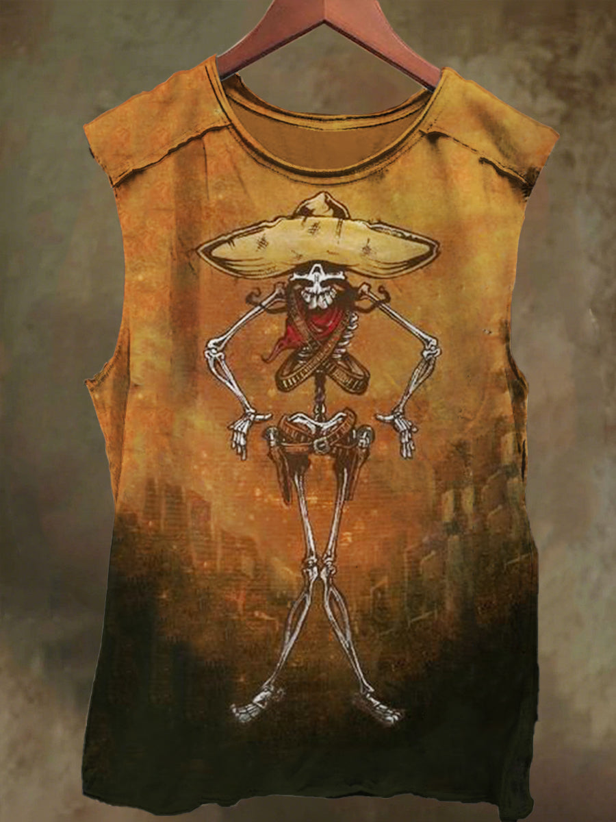 Unisex Cowboy Skull Bone Print Casual Cotton Tank Top