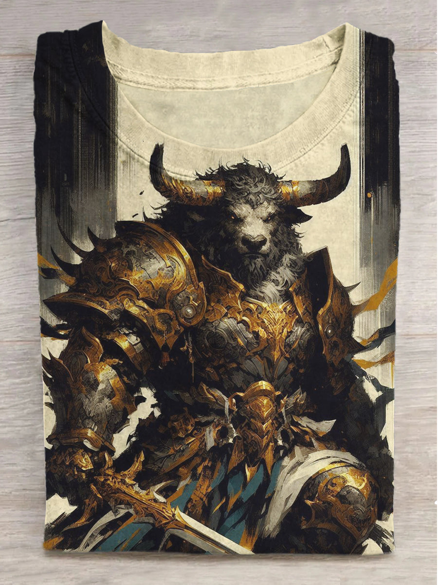 Cow Warrior Printed Round Neck Short Sleeve T-Shirt