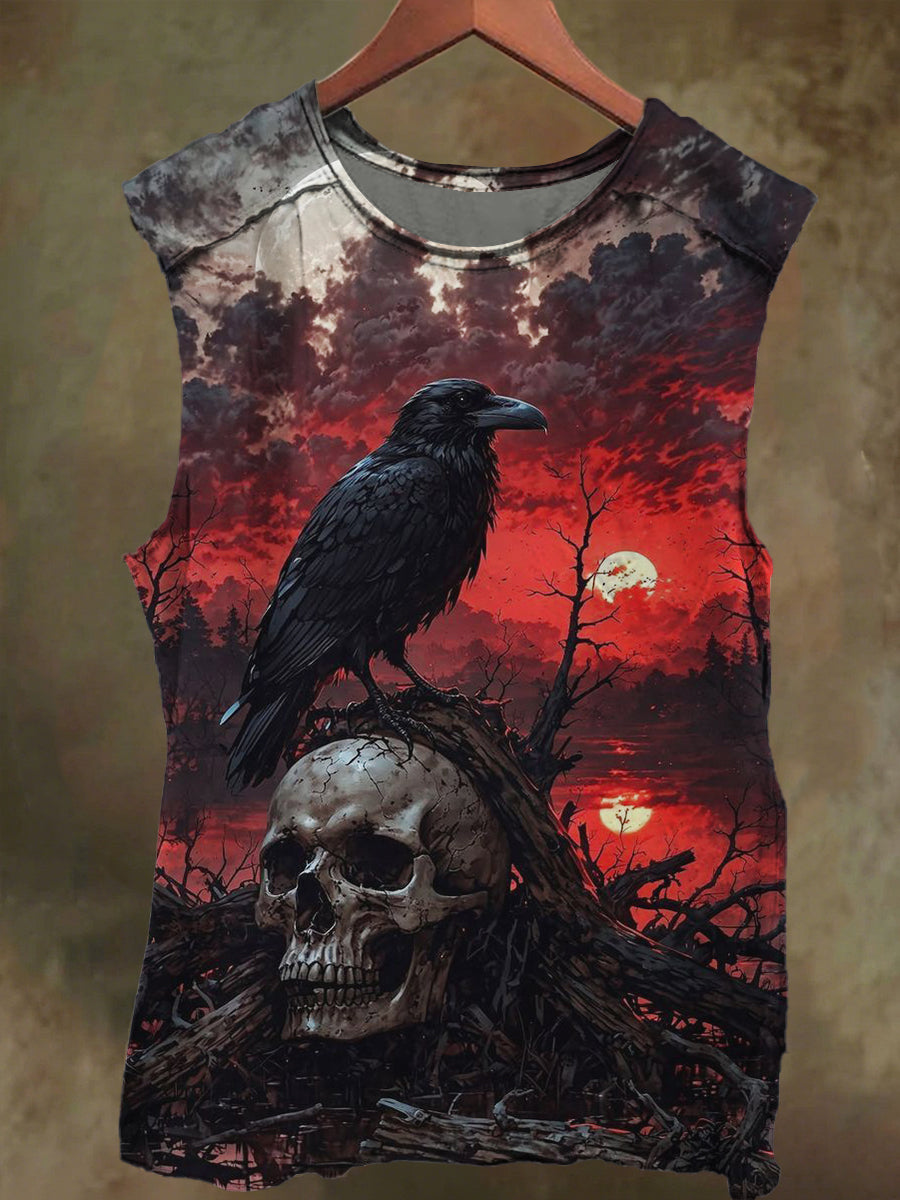 Unisex Sunset Skull Raven Print Casual Cotton Tank Top