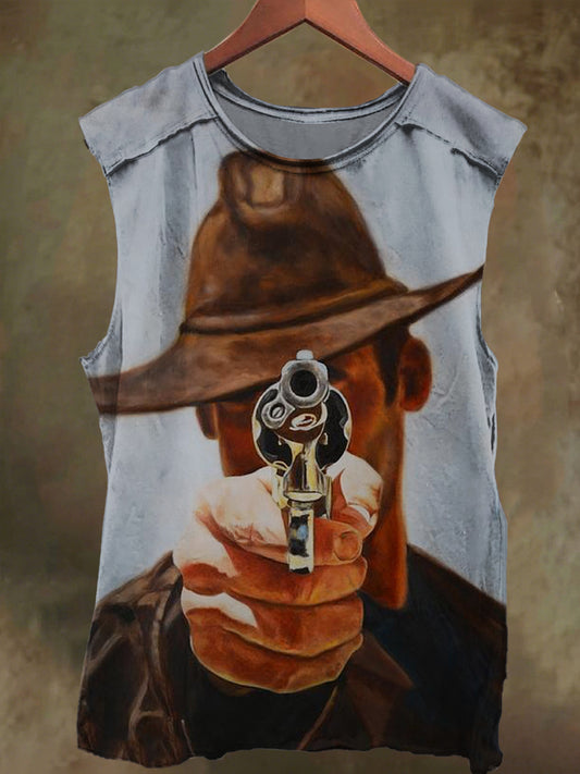 Unisex Denim Pistol Print Casual Cotton Tank Top